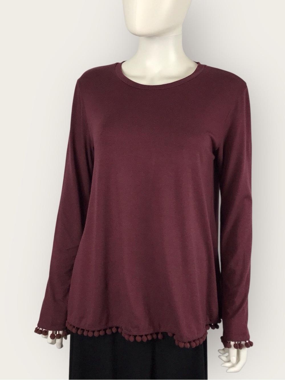 Johnny Was Calme Top Burgundy Long-Sleeve Swing Boho Tee Maroon Pom-pom Trim